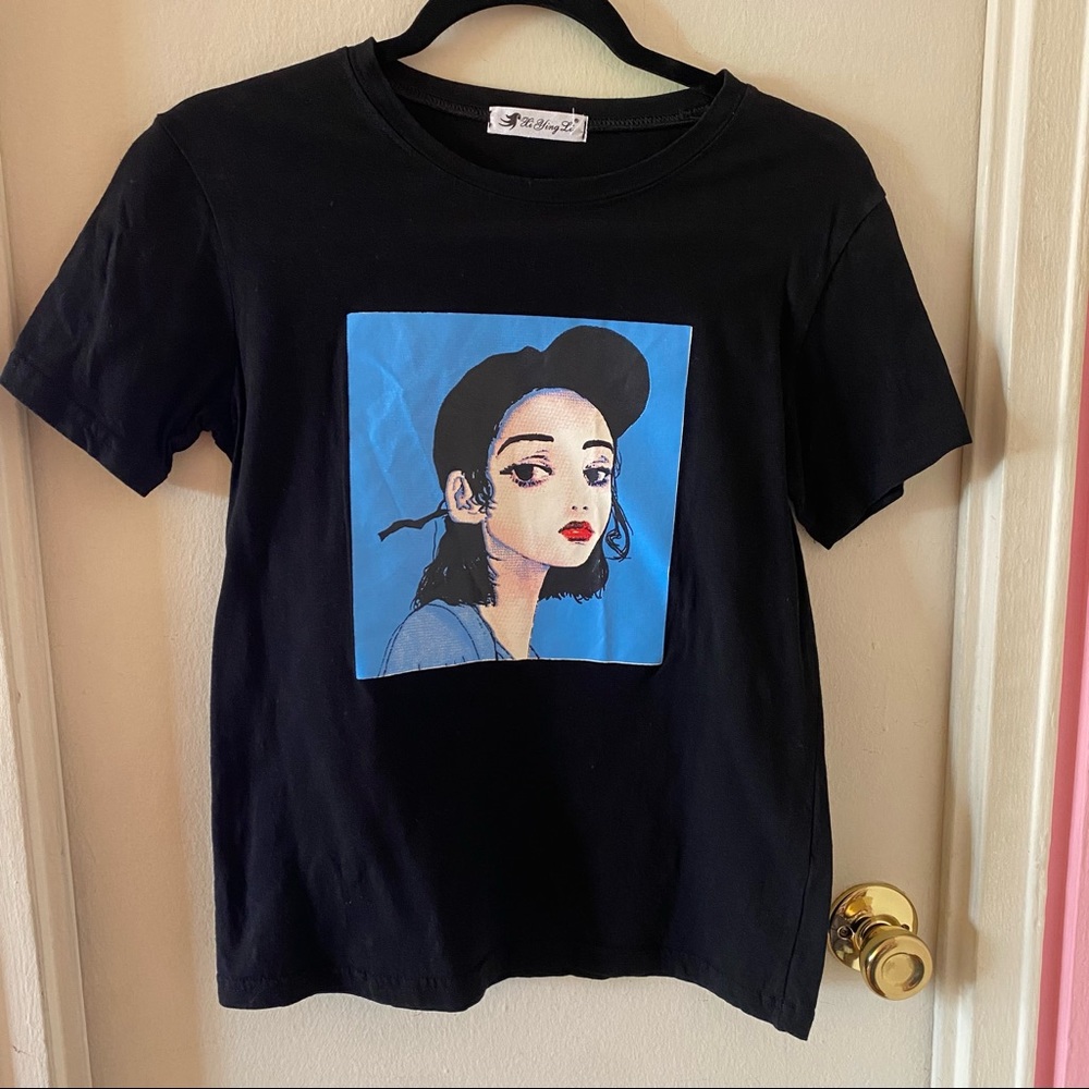 Black T-Shirt with Artistic Pin Up Woman Graphic Print in Front